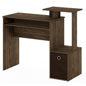 Furinno Econ Wood Computer Writing Desk w/Bin in Columbia Walnut/Dark Brown