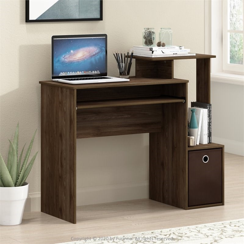 Furinno ECON Wood Computer Writing Desk w/Bin in Columbia Walnut/Dark Brown