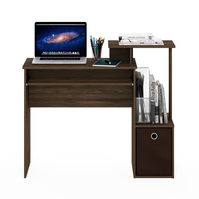 Furinno ECON Wood Computer Writing Desk w/Bin in Columbia Walnut/Dark Brown