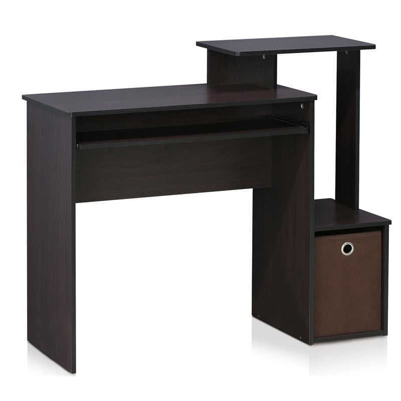 Furinno ECON Wood Multipurpose Computer Writing Desk w/Bin in Dark Walnut