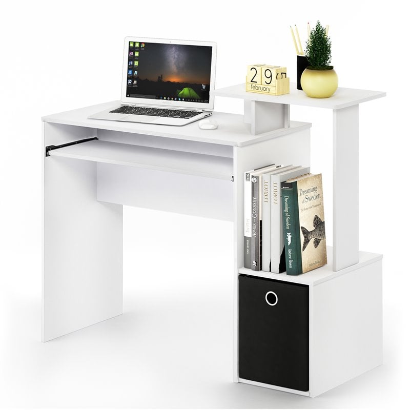 Furinno ECON Wood Multipurpose Computer Writing Desk w/Bin in White/Black