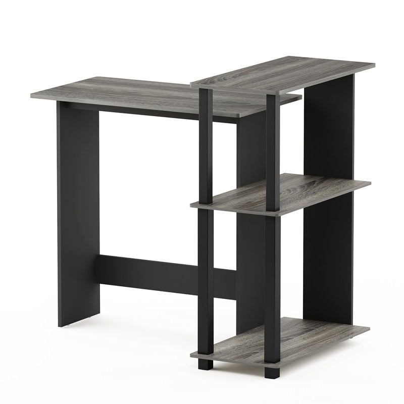 Furinno ABBOTT Wood Corner Computer Desk with Bookshelf in French Oak Gray/Black