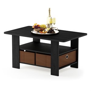 Furinno Andrey Wood Coffee Table with Bin Drawer in Americano Black/Medium Brown