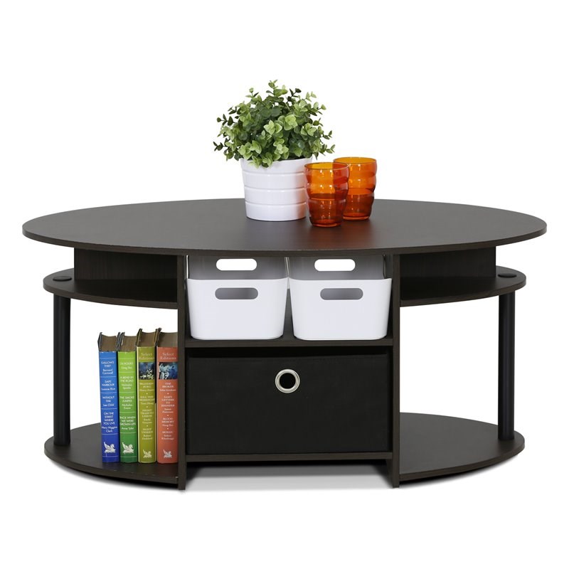 Furinno JAYA Wood Simple Design Oval Coffee Table with Bin in Walnut/Black
