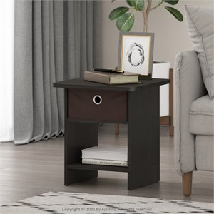 Furinno DARIO Wood End Table Storage Shelf with Bin Drawer in Espresso/Brown