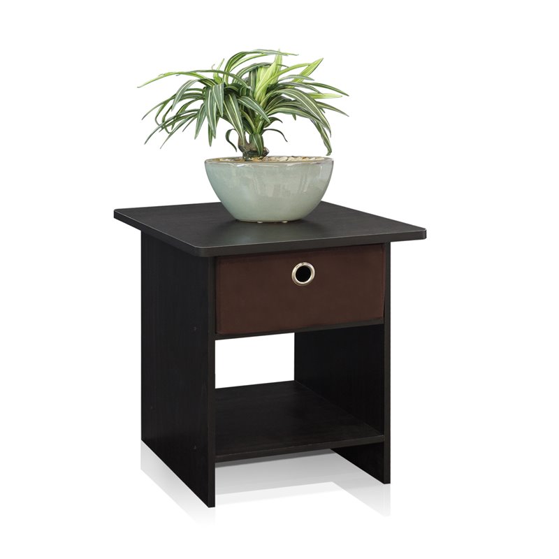 Furinno DARIO Wood End Table Storage Shelf with Bin Drawer in Espresso/Brown