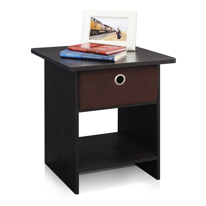 Furinno DARIO Wood End Table Storage Shelf with Bin Drawer in Espresso/Brown