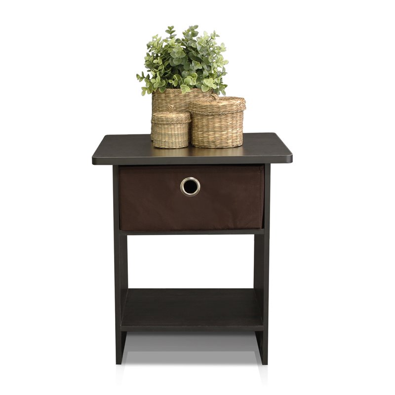 Furinno DARIO Wood End Table Storage Shelf with Bin Drawer in Espresso/Brown