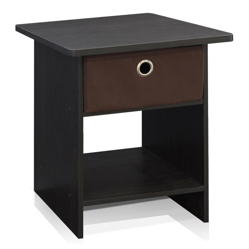 Furinno DARIO Wood End Table Storage Shelf with Bin Drawer in Espresso/Brown