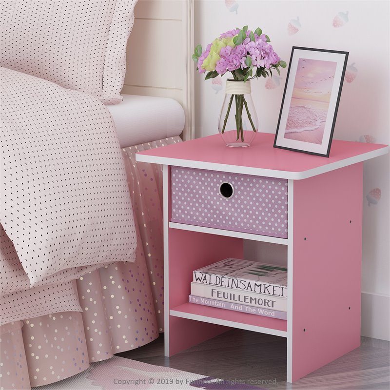Furinno Dario Wood End Table Storage Shelf with Bin Drawer in Light Pink