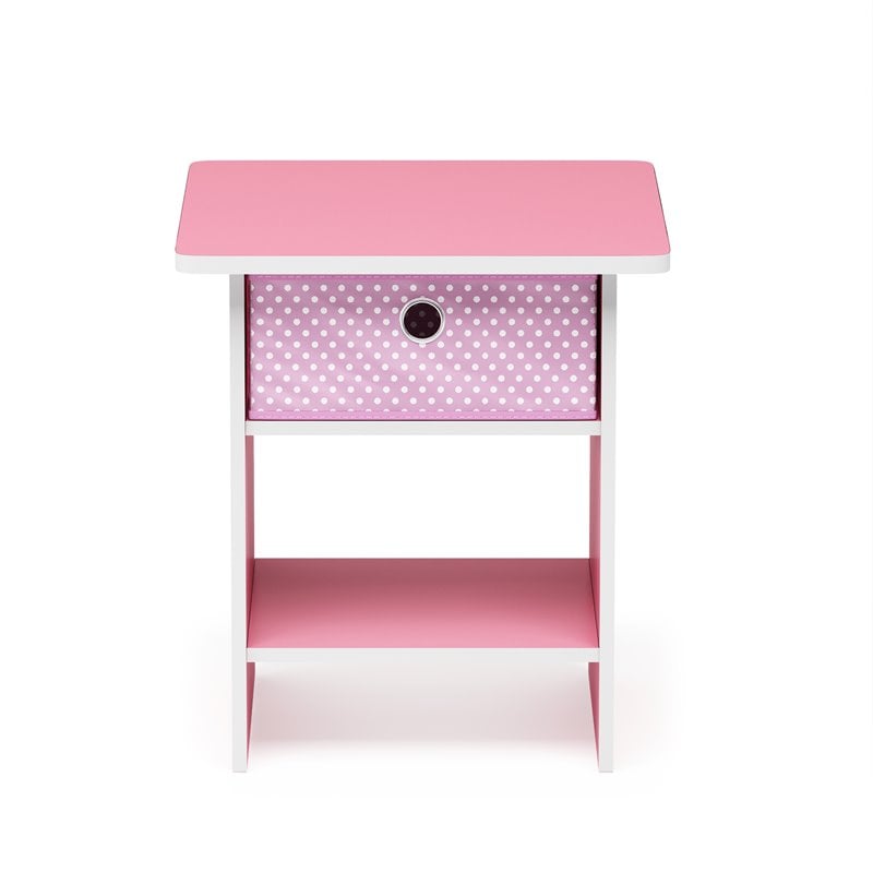 Furinno Dario Wood End Table Storage Shelf with Bin Drawer in Light Pink