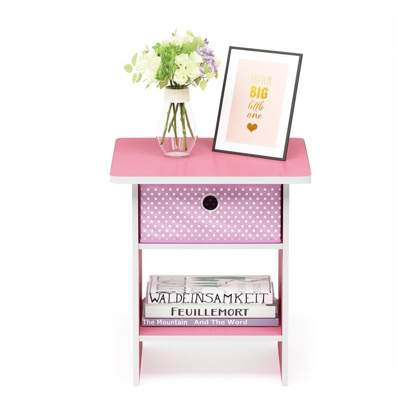 Furinno Dario Wood End Table Storage Shelf with Bin Drawer in Light Pink