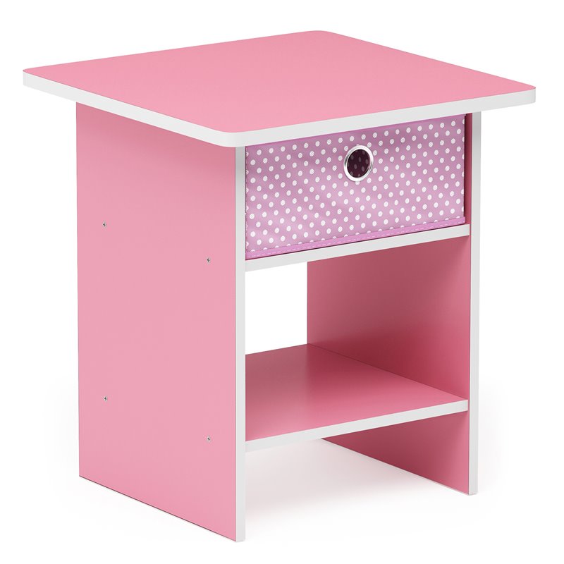 Furinno Dario Wood End Table Storage Shelf with Bin Drawer in Light Pink