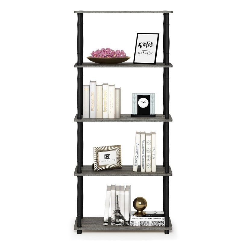 Furinno TURN-N-TUBE Wood 5-Tier Shelf Display Rack w/ Classic Tubes in Oak Gray