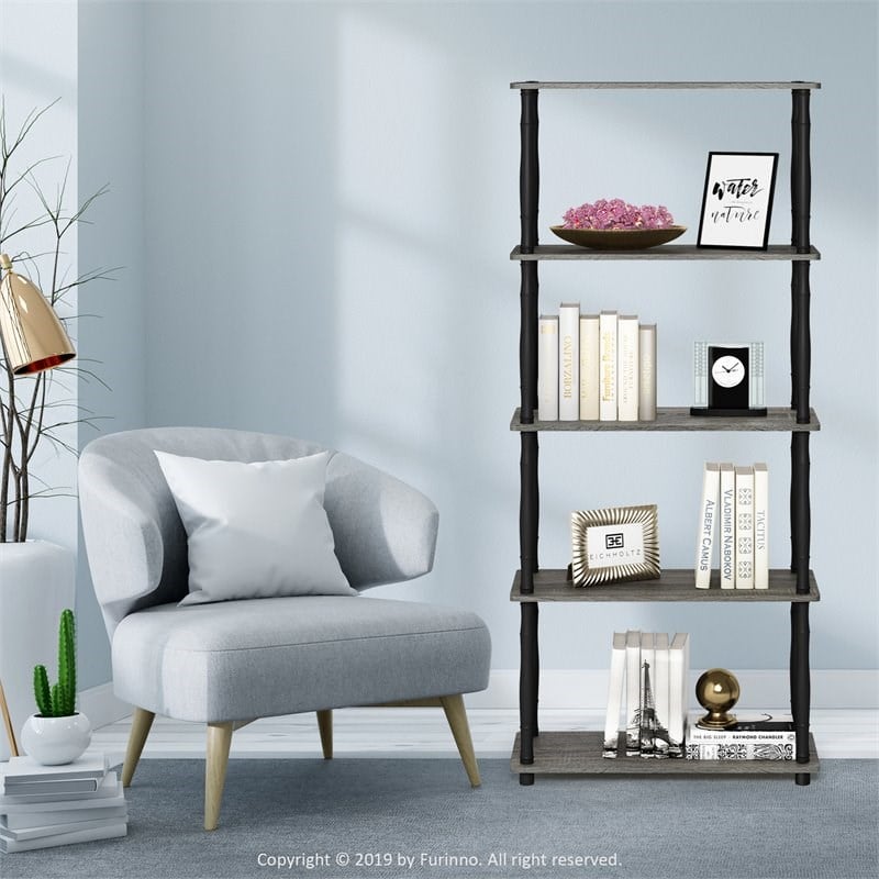 Furinno TURN-N-TUBE Wood 5-Tier Shelf Display Rack w/ Classic Tubes in Oak Gray