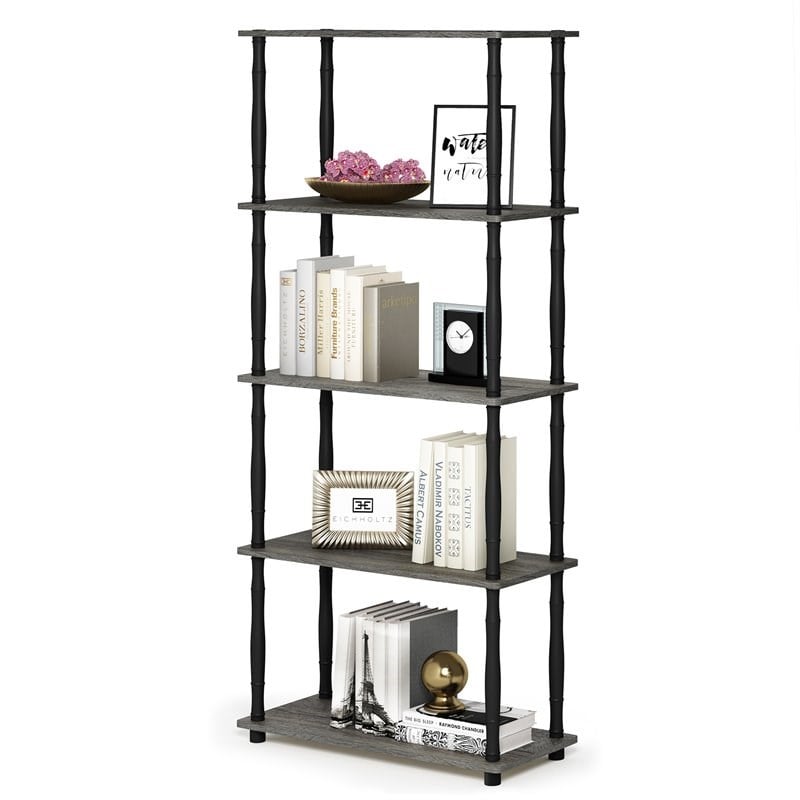 Furinno TURN-N-TUBE Wood 5-Tier Shelf Display Rack w/ Classic Tubes in Oak Gray