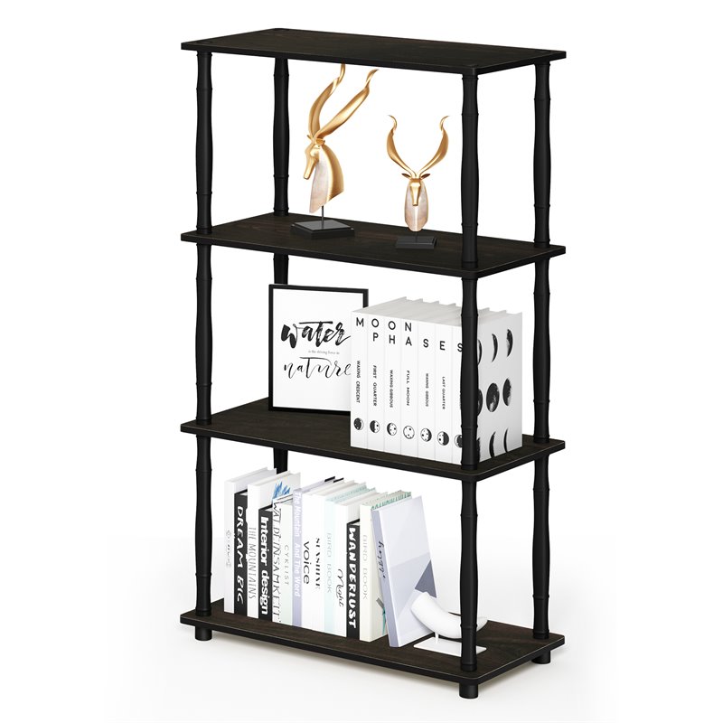 Furinno TURN-N-TUBE Wood 4-Tier Shelf Display Rack w/ CLASSIC Tubes in Espresso