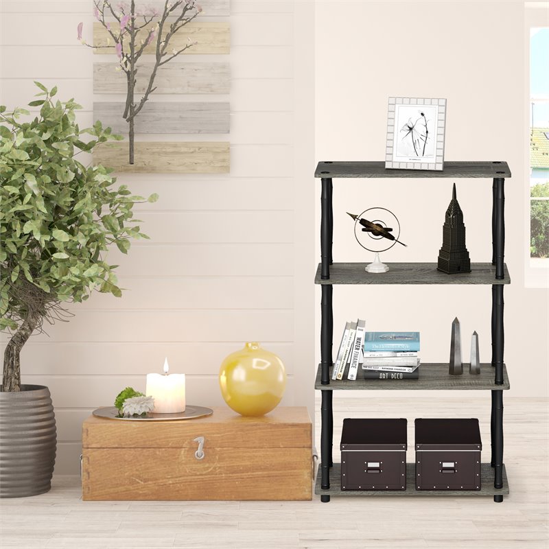 Furinno TURN-N-TUBE Wood 4-Tier Shelf Display Rack w/ CLASSIC Tubes in Oak Gray