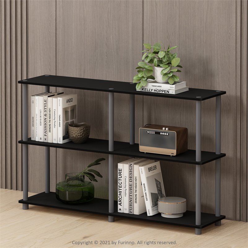 Furinno TURN-N-TUBE Wood 3-Tier Double Size Storage Display Rack in Black/Gray