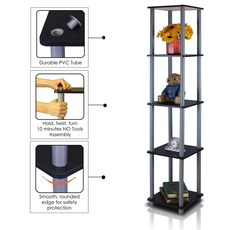 Furinno TURN-N-TUBE Wood 5-Tier Corner Square Rack Display Shelf in Black/Gray