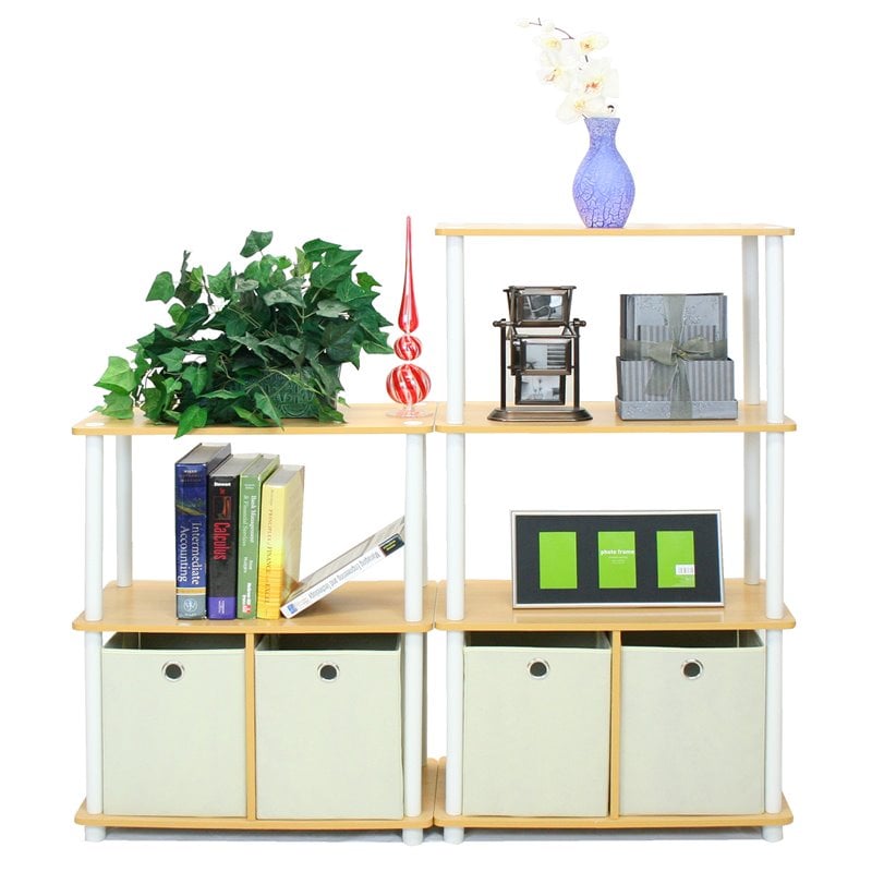 Furinno Go Green Wood 3-Tier Storage Rack Shelving Unit w/Bins in Beech/Natural