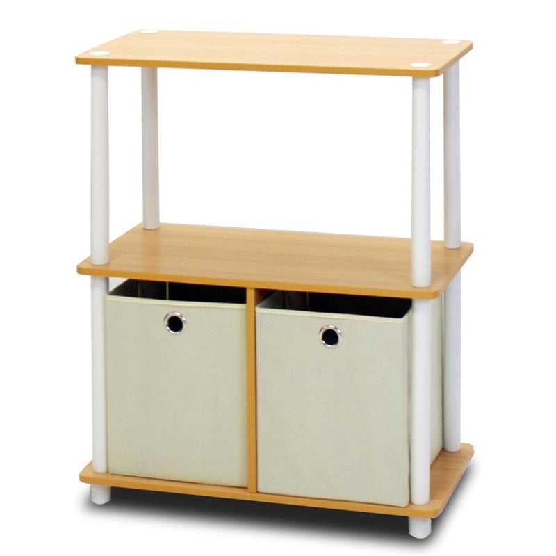 Furinno Go Green Wood 3-Tier Storage Rack Shelving Unit w/Bins in Beech/Natural