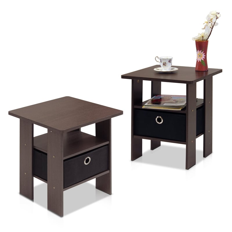 Furinno ANDREY Wood End Table with Bin Drawer in Dark Brown/Black (Set of 2)