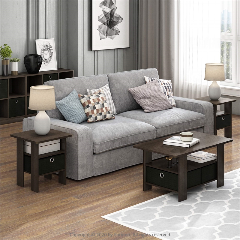 Furinno ANDREY Wood End Table with Bin Drawer in Dark Brown/Black (Set of 2)