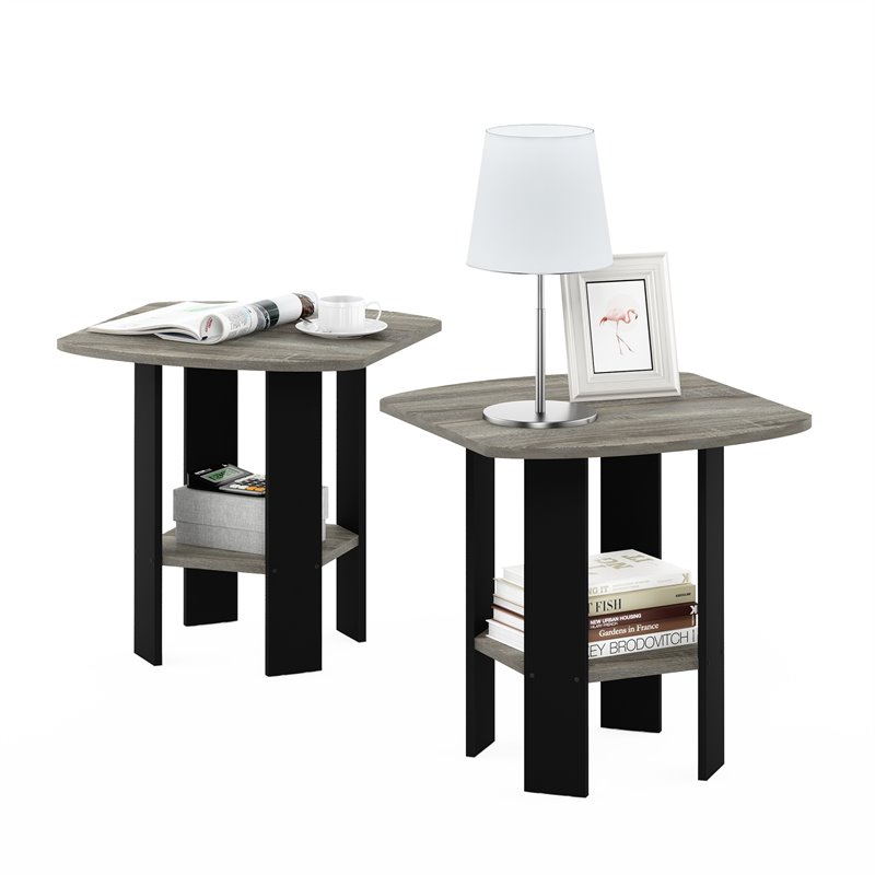 Furinno Wood Simple Design End Table in French Oak Gray/Black (Set of 2)