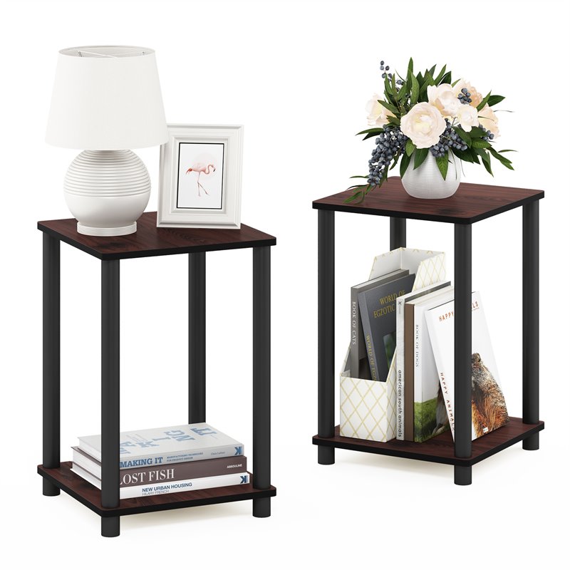 Furinno TURN-N-TUBE Wood End Table Corner Shelves in Cherry/Black (Set of 2)