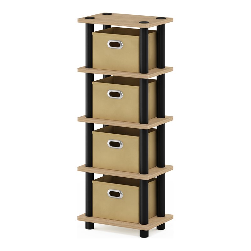 Furinno TURN-N-TUBE Engineered Wood 4-Bins System Rack in Oak/Black