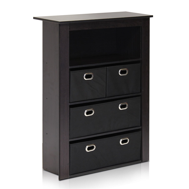 Furinno ECON Hallway Wood Console Table with 4-Foldable Bins in Espresso/Black