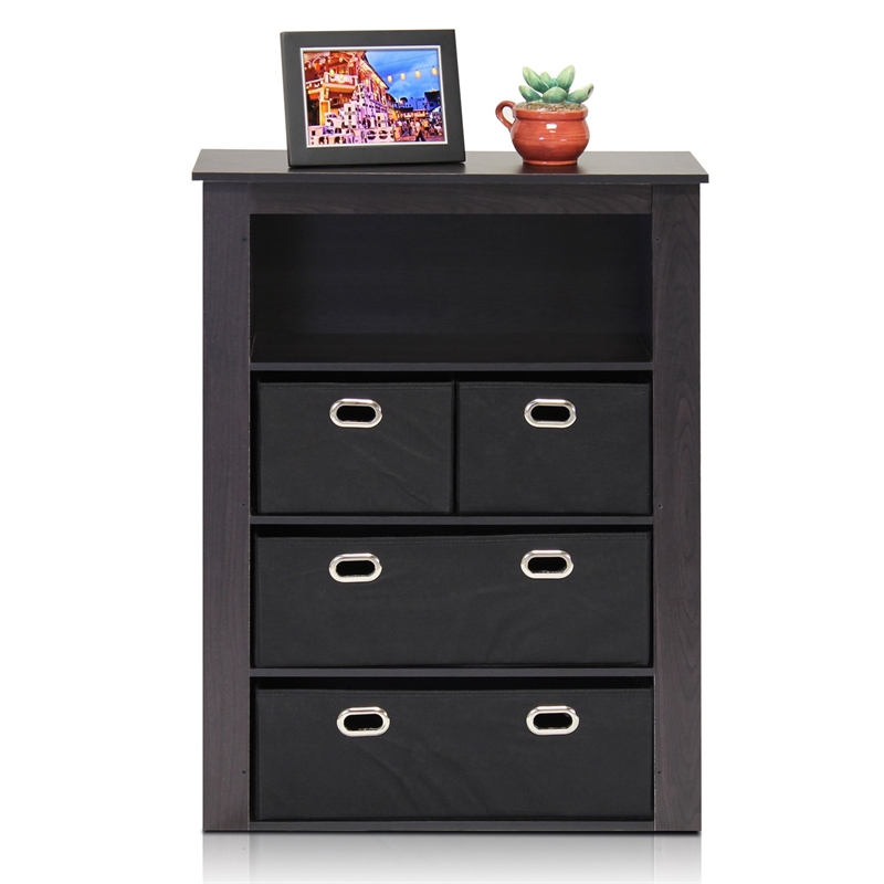 Furinno ECON Hallway Wood Console Table with 4-Foldable Bins in Espresso/Black