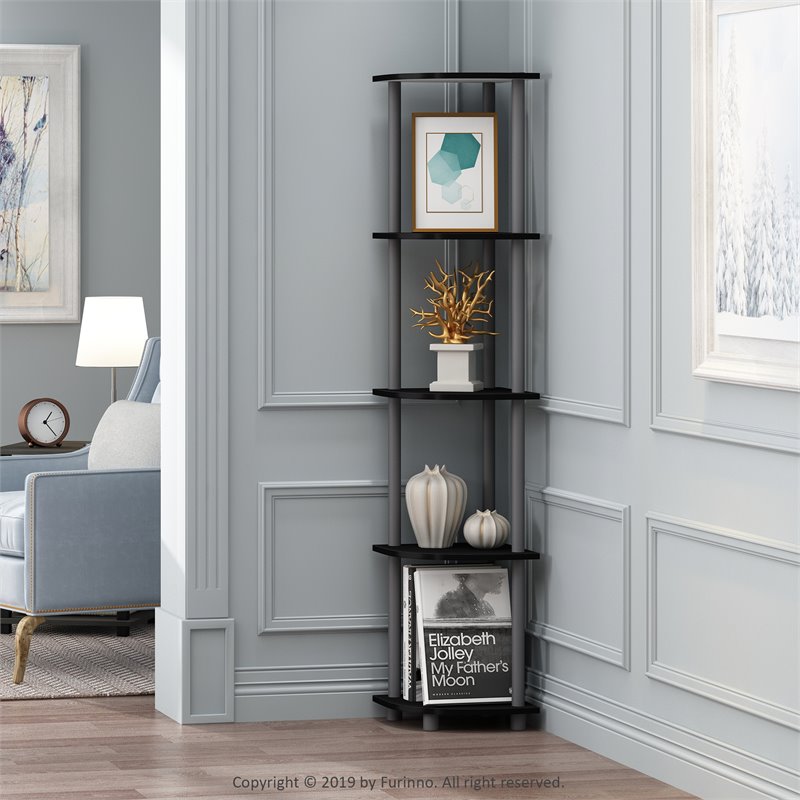 Furinno TURN-N-TUBE Wood 5 Tier Corner Display Rack in Black/Gray