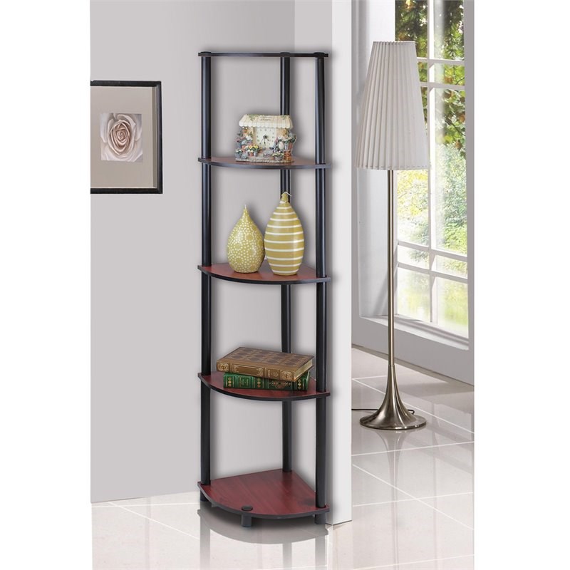 Furinno TURN-N-TUBE Wood 5 Tier Corner Display Rack in Dark Cherry/Black
