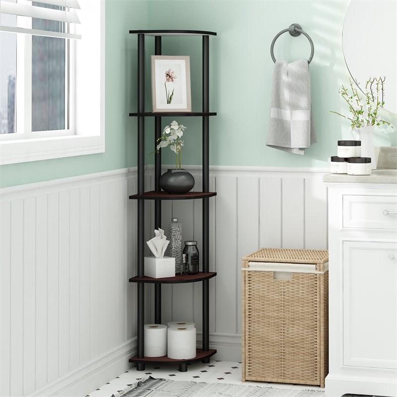 Furinno TURN-N-TUBE Wood 5 Tier Corner Display Rack in Dark Cherry/Black