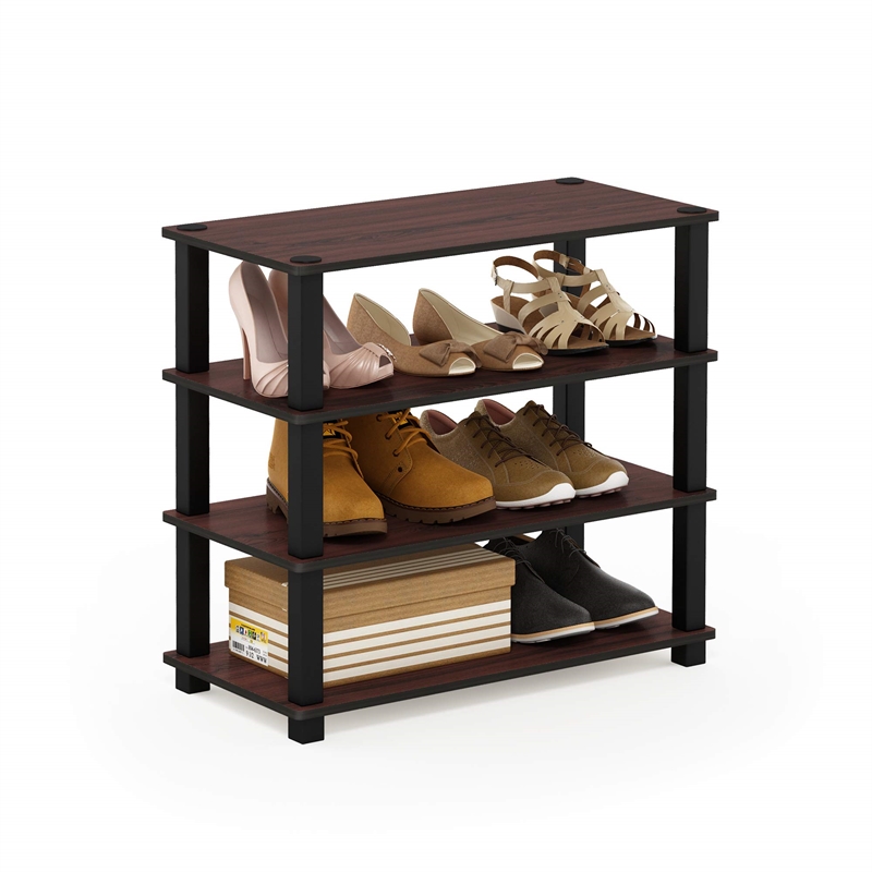 Furinno Turn-S-Tube Engineered Wood 4-Tier Shoe Rack in Dark Cherry/Black