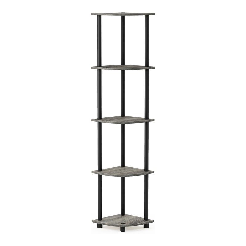 Furinno TURN-N-TUBE Wood 5 Tier Corner Display Rack in French Oak Gray/Black