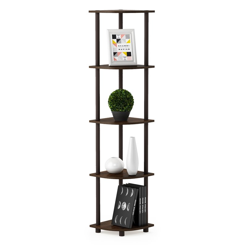 Furinno TURN-N-TUBE Wood 5 Tier Corner Display Rack in Walnut/Brown