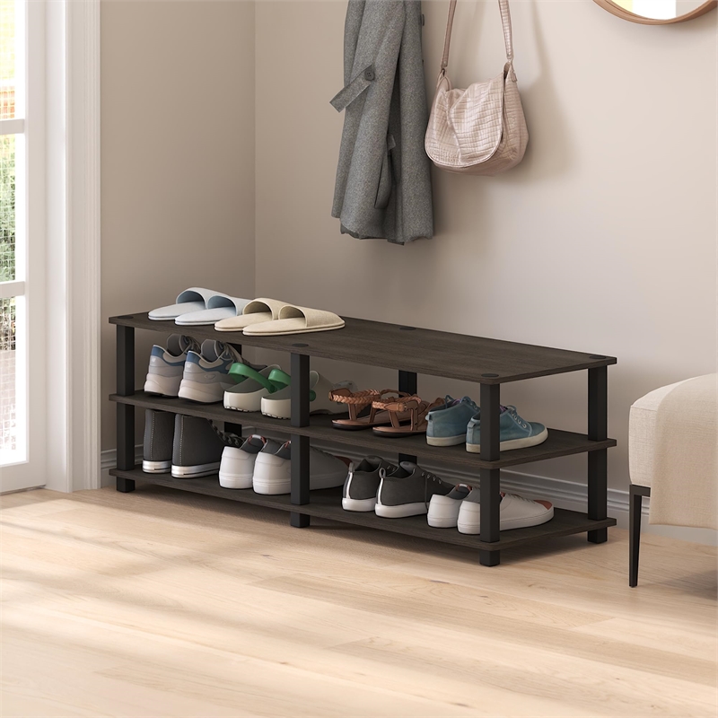Furinno Turn-S-Tube Wood No Tools 3-Tier Shoe Storage Rack in Dark Brown/Black