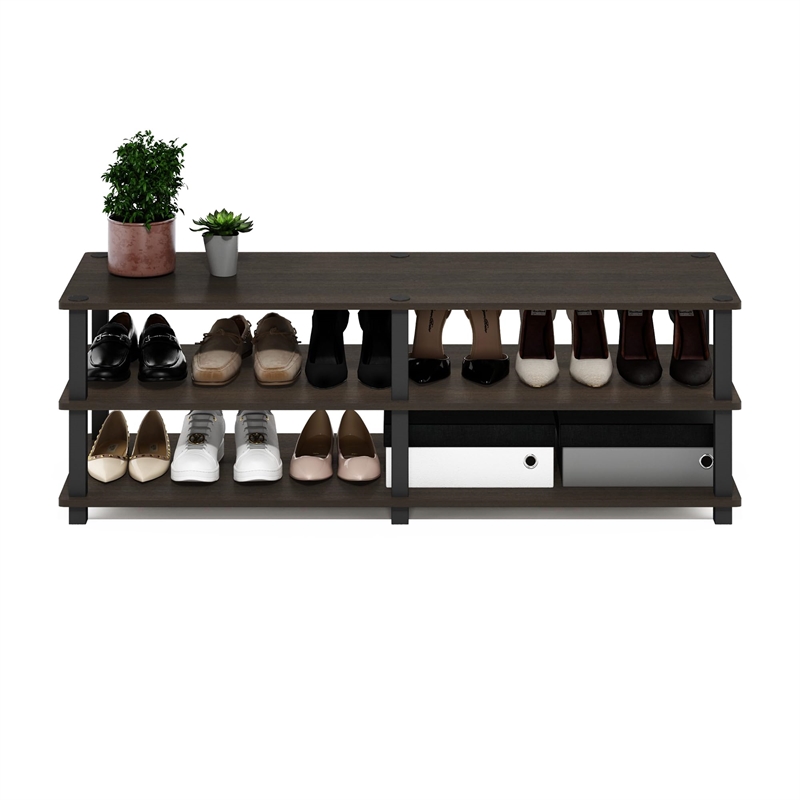 Furinno Turn-S-Tube Wood No Tools 3-Tier Shoe Storage Rack in Dark Brown/Black