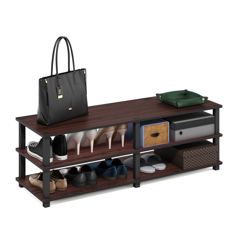 Furinno Turn-S-Tube Wood No Tools 3-Tier Shoe Storage Rack in Dark Cherry/Black