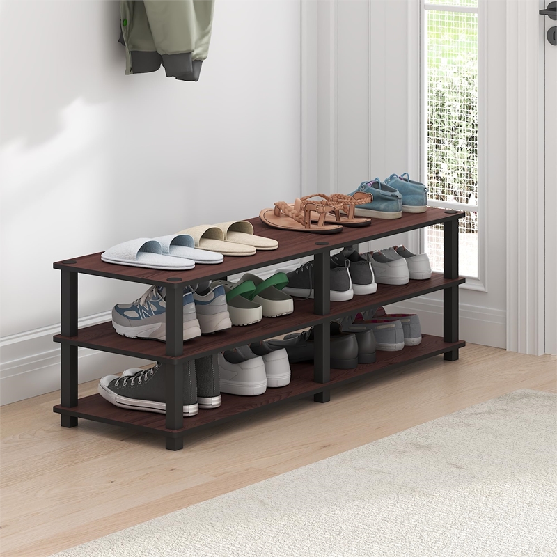 Furinno Turn-S-Tube Wood No Tools 3-Tier Shoe Storage Rack in Dark Cherry/Black