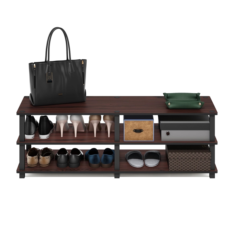 Furinno Turn-S-Tube Wood No Tools 3-Tier Shoe Storage Rack in Dark Cherry/Black