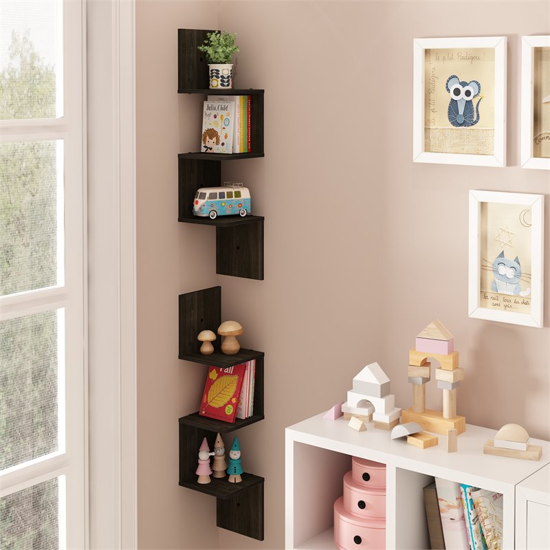 Furinno ROSSI Wood Wall Mount Floating Corner Square Shelf in Espresso(Set of 2)