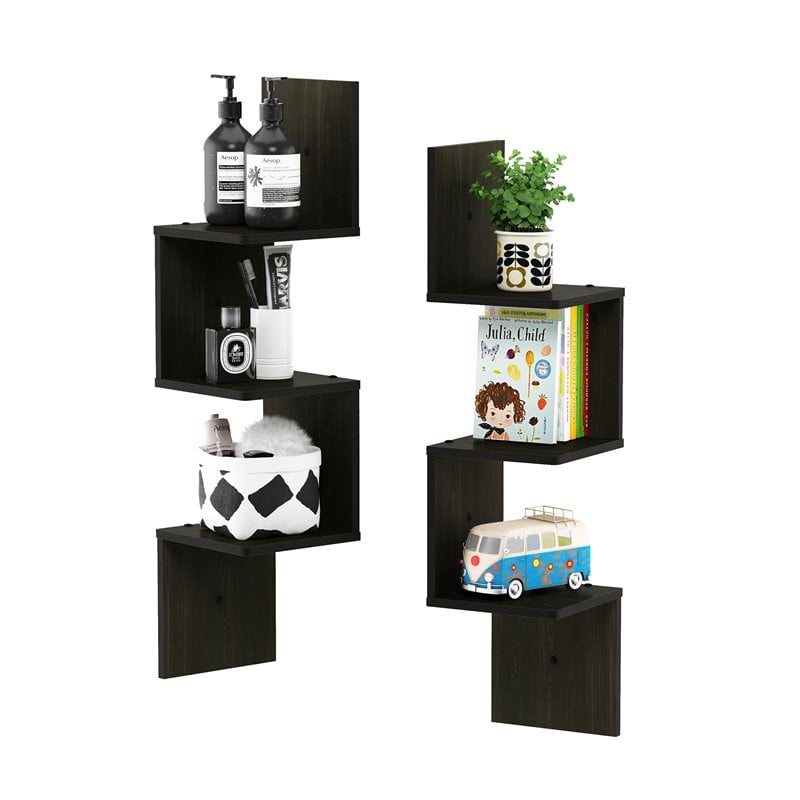 Furinno ROSSI Wood Wall Mount Floating Corner Square Shelf in Espresso(Set of 2)