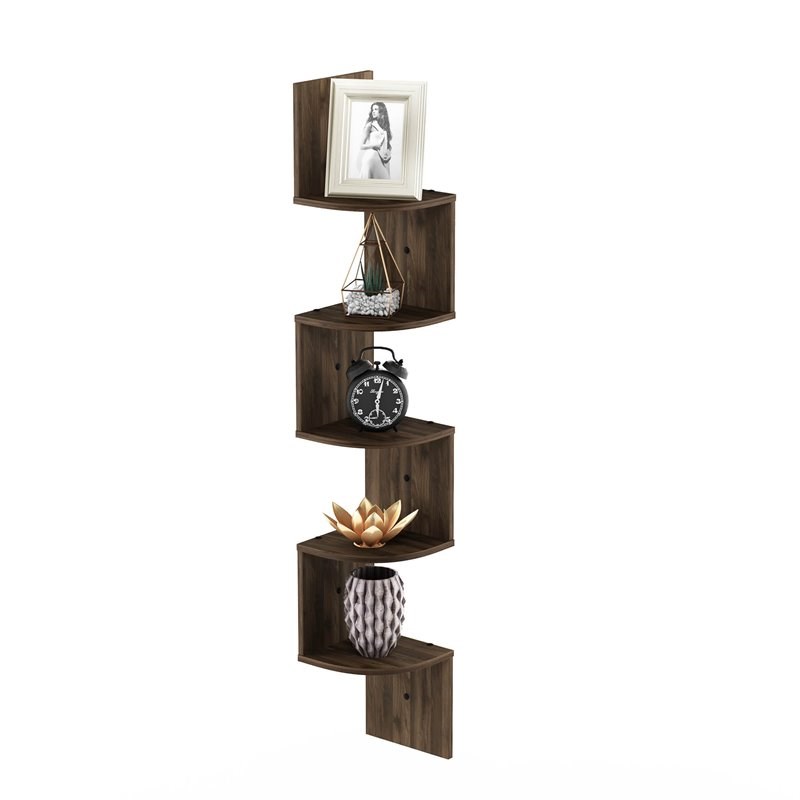 Furinno ROSSI Wood Wall Mount Floating Radial Corner Shelf in Columbia Walnut