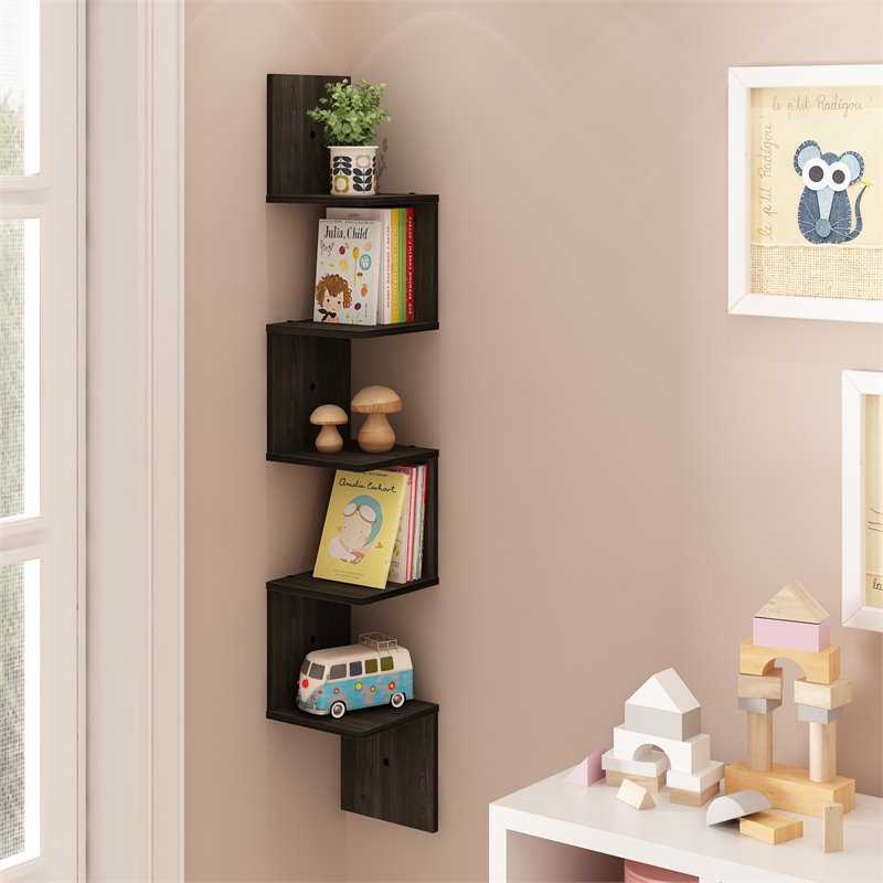 Furinno ROSSI Wood 5-Tier Wall Mount Floating Corner Square Shelf in Espresso