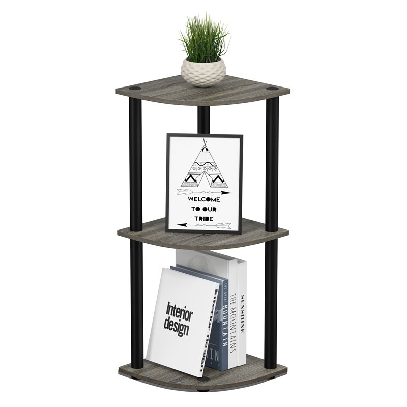 Furinno TURN-N-TUBE Wood 3-Tier Corner Display Rack in French Oak Gray/Black