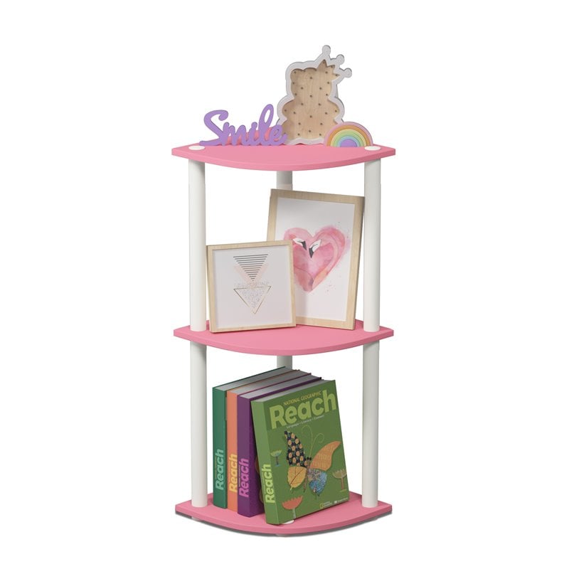 Furinno TURN-N-TUBE Wood 3-Tier Reversible Corner Display Rack in Pink/White